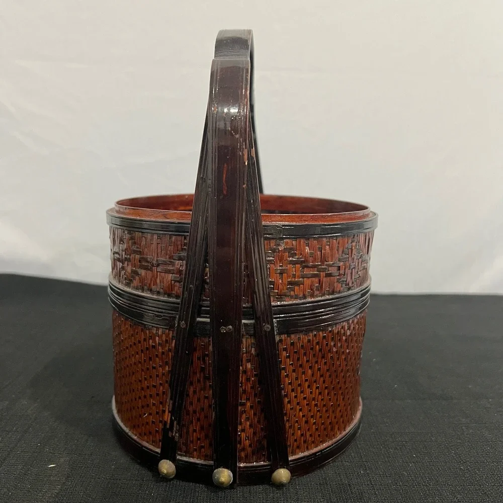Vintage Chinese Woven Bamboo Wedding Basket Round Lacquered Wood Brass Art 208